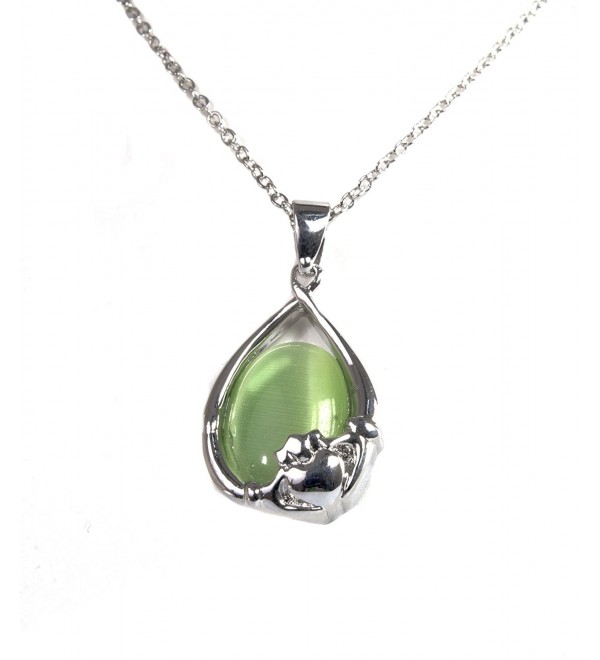 Irish Celtic Rhodium Green Cats Eye Claddagh Pendant by Solvar - C211MYBFR2B