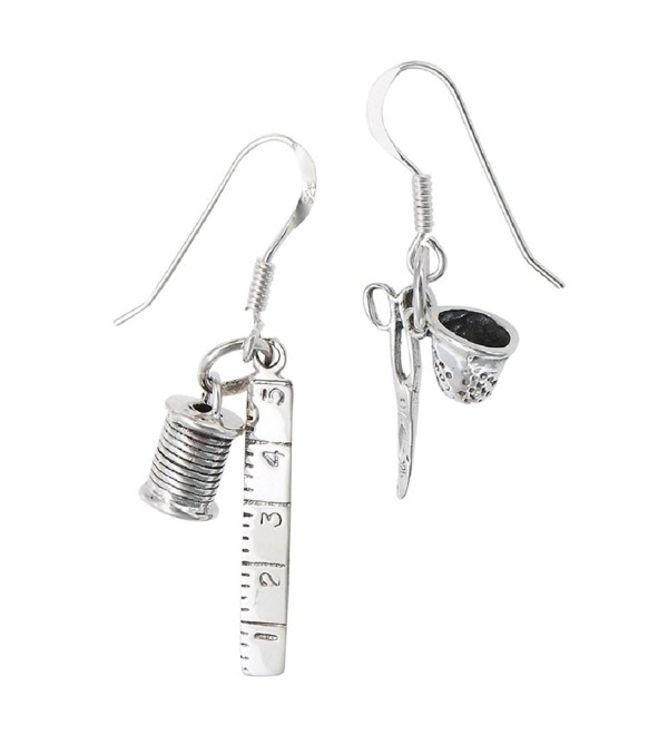 .925 Sterling Silver Sewing Quilting Thread Thimble Scissors Dangle Wire Earrings - CN11ANGQ1ZF