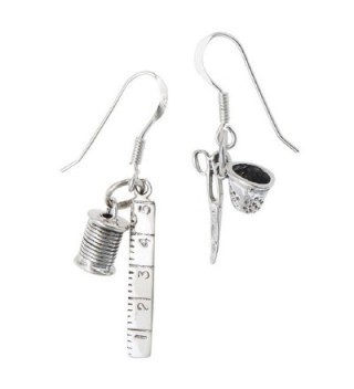.925 Sterling Silver Sewing Quilting Thread Thimble Scissors Dangle Wire Earrings - CN11ANGQ1ZF
