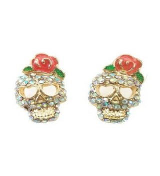 SKULLS ! CRYSTAL PAVE SKULL AND ROSE FLOWER STUD EARRINGS WITH GIFT BOX & ORGANZA BAG - CR11HC44NM5