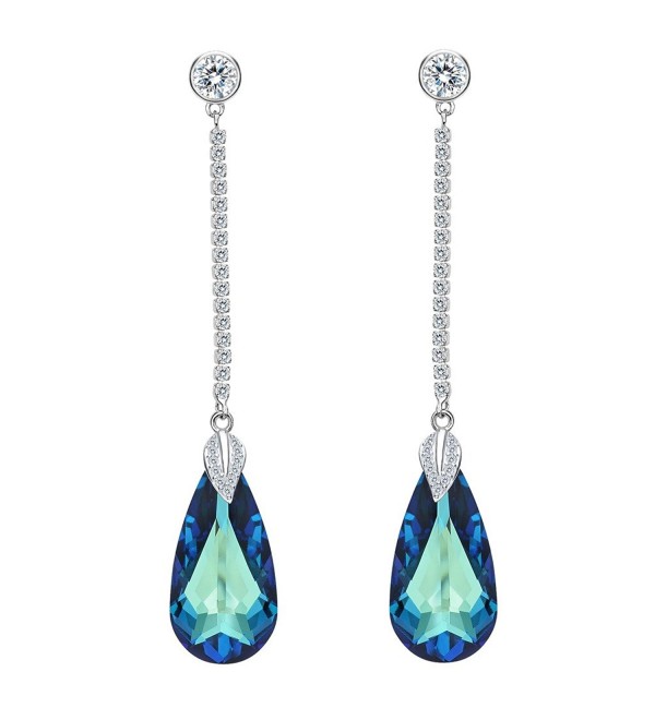 EleQueen 925 Sterling Silver CZ Teardrop Leaf Long Dangle Earrings Made with Swarovski Crystals - Bermuda Blue - CX12O8TSJX8