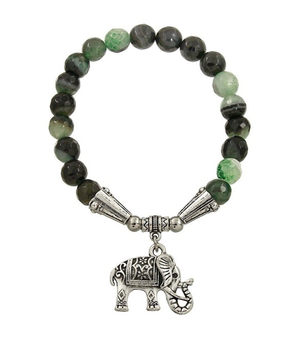 Falari Elephant Lucky Charm Natural Stone Bracelet Black Mix Green Agate B2448-BGA - C212F1H1EFX
