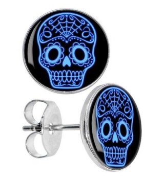 Body Candy Stainless Steel Black Blue Sugar Skull Art Stud Earrings - CL119NZYLMX