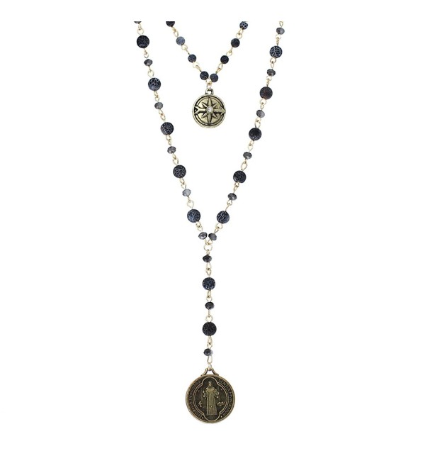 Rosemarie Collections Women's Beaded 2-Strand St Benedict Cross Pendant Necklace - Gold Tone/Black - CR18092D9QY