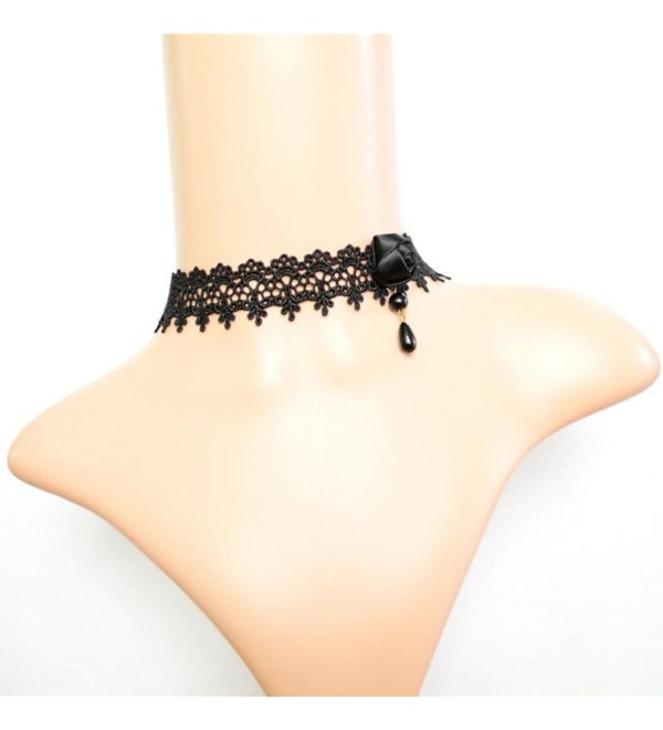 Charm.L Grace Black Flower Lace Gothic Lolita Beads Pendant Choker Necklace - CY11PSQK94P