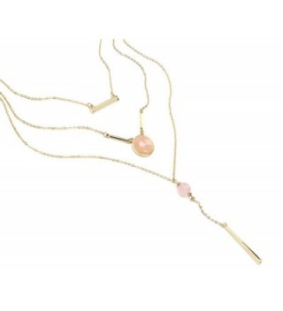 KISSPAT Women's Gold Tone Multi-layer Triple Chains Statement Necklace - Rose Quartz Bar - CB186GM3G5L