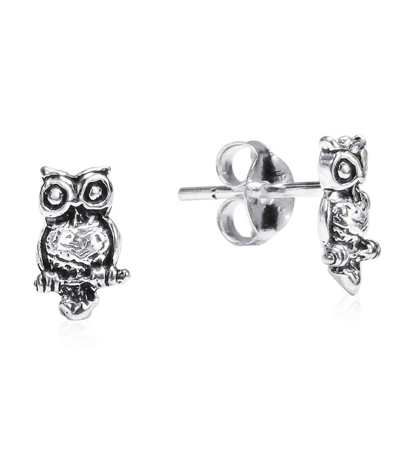 Perched Awake Morning Owl .925 Sterling Silver Stud Earrings - CW11HNTGRZP