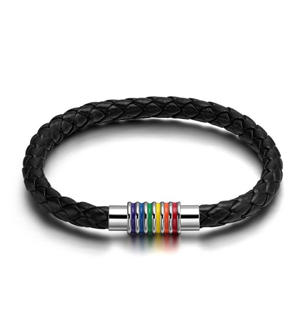 Men Womens Stainless Steel Black Braided Leather Bracelet LGBT Rainbow Striped Closure-Length 21cm - C211XGXUXVL
