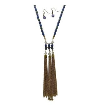 Rosemarie Collections Women's Chain Tassel Beaded Long Necklace Earrings Set Blue Green - CE12M9FC2TR
