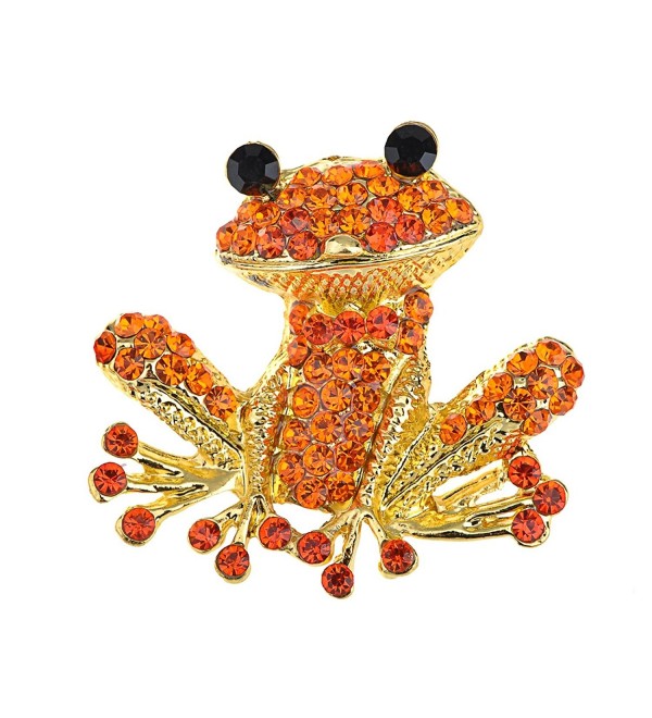 Alilang Fiery Orange Red Happy Crystal Rhinestones Golden Tone Smiling Frog Pin Brooch - CM116E0XXP1