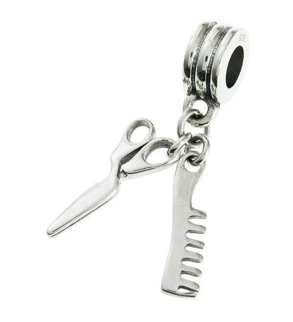 925 Sterling Silver Hair Stylist Scissors Comb Dangle For European Charm Bracelets - C8126472M9L
