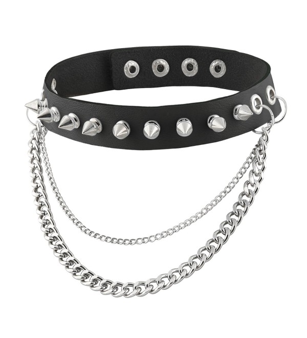 HZMAN Fashion Women Men Cool Punk Goth Metal Spike Studded Link Leather Collar Choker Necklace (Black) - CJ12H87N2T5