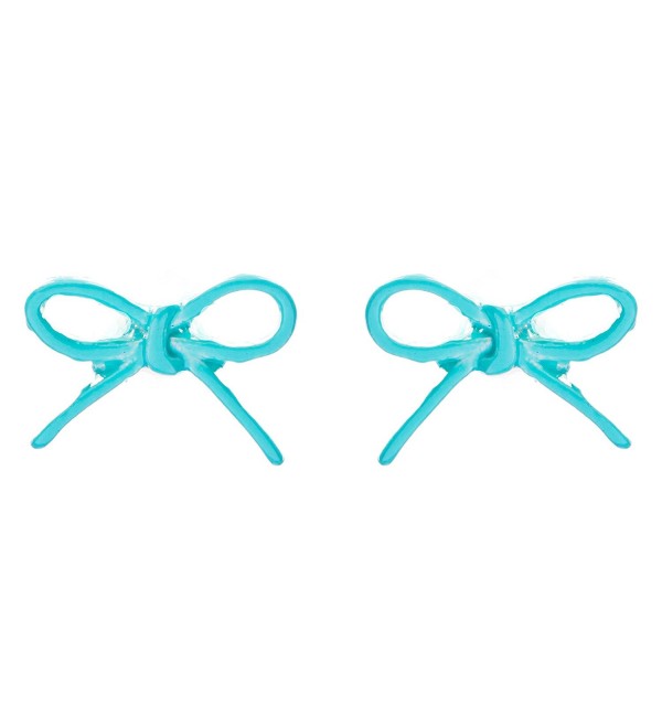ACCESSORIESFOREVER Women Adorable Cute Ribbon Bow Design Enamel Mini Fashion Stud Earrings Turquoise Blue - CM11IY4ZS4T