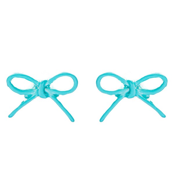 ACCESSORIESFOREVER Women Adorable Cute Ribbon Bow Design Enamel Mini Fashion Stud Earrings Turquoise Blue - CM11IY4ZS4T