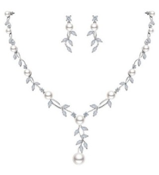 EVER FAITH CZ Cream Simulated Pearl Wedding Floral Vine Filigree Necklace Earrings Set Clear Silver-Tone - CI186C63G9W