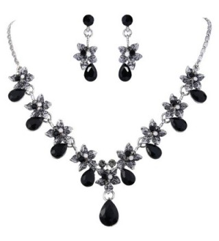 EVER FAITH Hibiscus Teardrop Austrian Crystal Necklace Earrings Set - Silver-Tone Black - C811N8MYQ0J