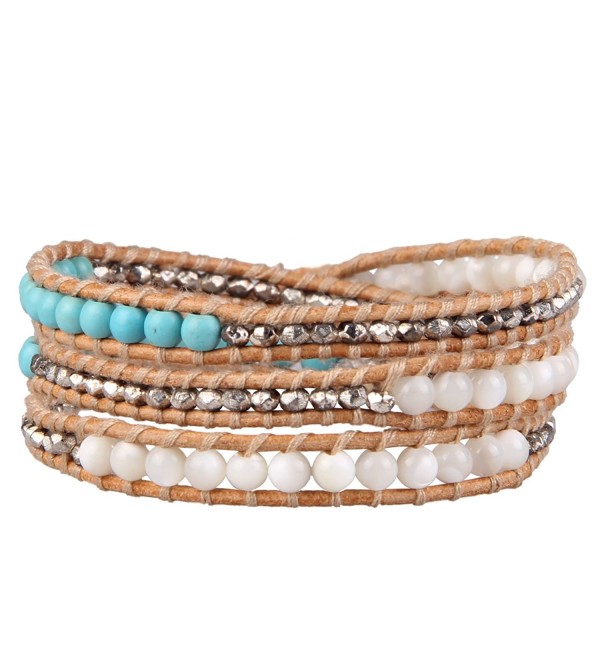 Kelitch Jewelry Created-Turquoise Mix Metal Nugget Leather Wrap Around Bracelet - Beige Leather - CS12G9SC46V