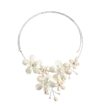 Floral Mother of Pearl & Cultured Freshwater White Pearl Cluster Choker Wrap Necklace - CJ11J1HHTSV
