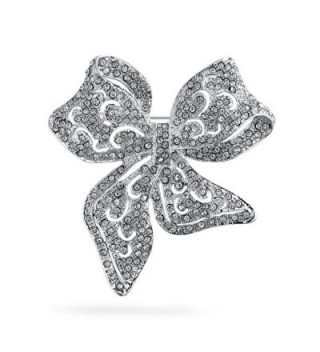 Bling Jewelry Crystal Vintage Style Bow Brooch Ribbon Pin Silver Plated - CM11B8X1D8N