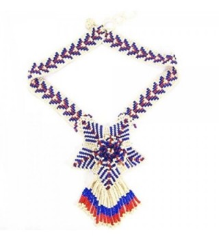 HOLIDAY SHOPPING BLUE-CREAM-RED SEED BEADS BEADED NECKLACE EARRINGS SET S-17-SB-3 - C412L2T5I0L