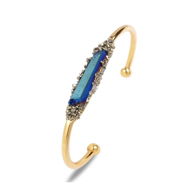 JAB 1 Pcs Fahion Cuff Rainbow Aura Titanium Druzy Quartz Crystal Point Golden Bangle Jewelry for Women - blue - CP1253IA0TF