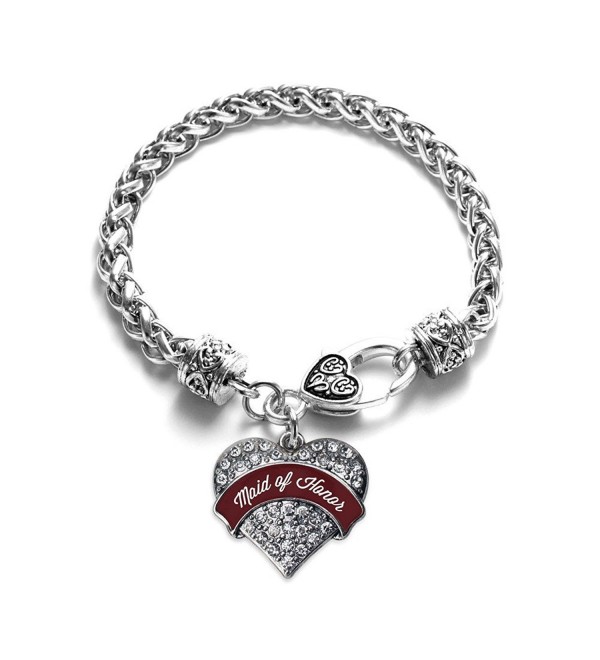 Burgundy Maid of Honor Pave Heart Bracelet Silver Plated Lobster Clasp Clear Crystal Charm - C7123HA5PSR