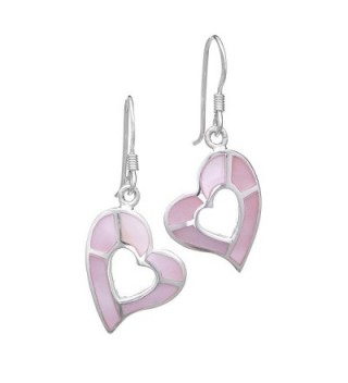 925 Sterling Silver Mother Of Pearl Shell Heart Dangle Earrings 1.2" - Nickel Free - Pink - CF11K4X67ZH