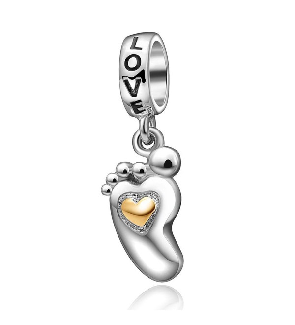 Baby Foot Step with Gold Plated Heart Pendant 925 Sterling Silver Dangle Love Charms for Bracelets - C6187DHI044