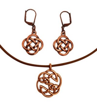 DragonWeave Celtic Open Knot Charm Necklace & Earring Set- Antique Copper Brown Leather Adjustable - CB182XE0O9I