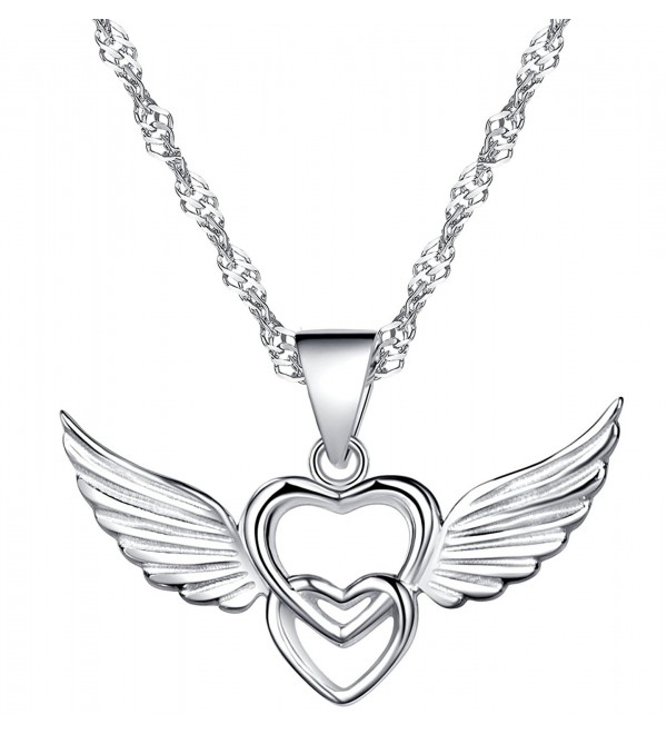 925 Sterling Silver Double Hearts Angel Wings Pendant Necklace-Rose ...