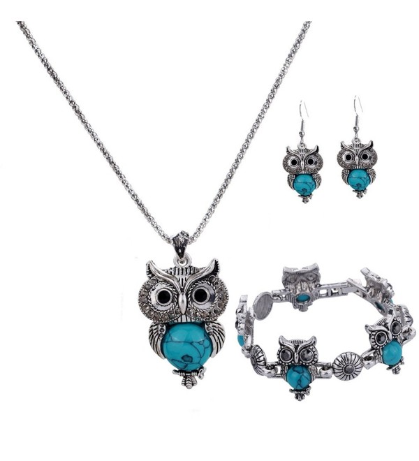 YAZILIND Silver Plated Turquoise Owl Pendant Necklace Drop Earrings for Women Jewelry - Blue - C712FMI9INL