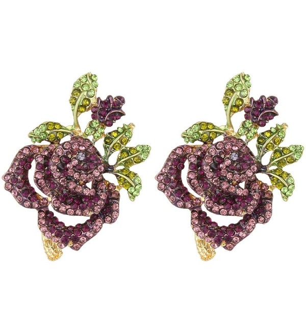 EVER FAITH Women's Austrian Crystal Romantic Rose Flower Leaves Stud Earrings - Purple Gold-Tone - CI129UGJ5OD