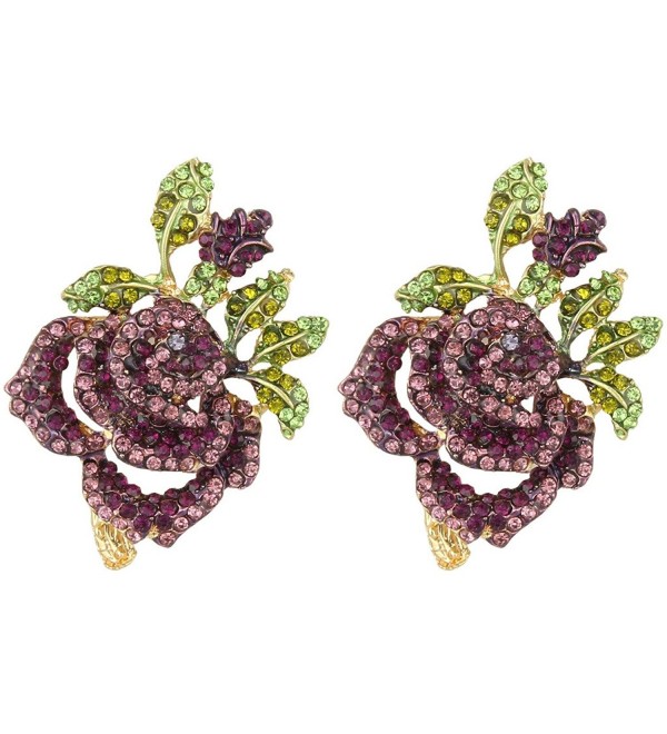 EVER FAITH Women's Austrian Crystal Romantic Rose Flower Leaves Stud Earrings - Purple Gold-Tone - CI129UGJ5OD