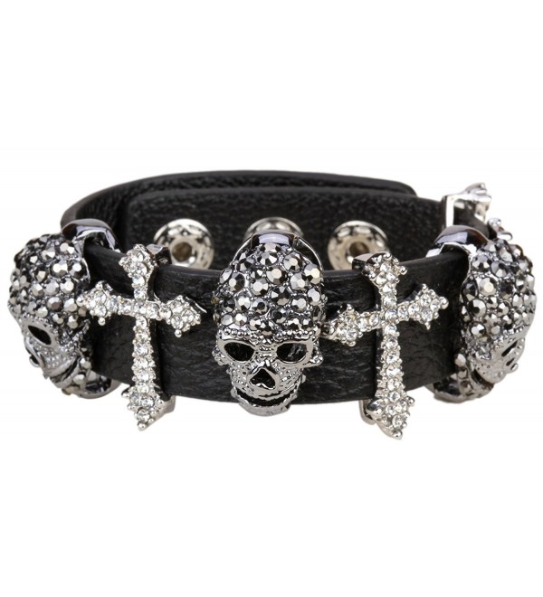 YACQ Women's Black Leather Crystal Skull Cross Adjustable Bangle Bracelet Biker Jewelry - Silver - CN12LWNQZ13