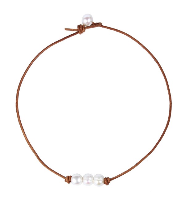 Bonnie Leather Choker Genuine Leather 3 White Pearls Cord Knotted Necklace Handmade Jewelry for Women - Brown - C012NGFMGUB