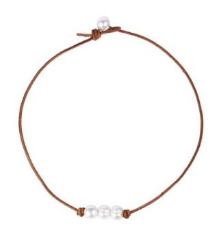 Bonnie Leather Choker Genuine Leather 3 White Pearls Cord Knotted Necklace Handmade Jewelry for Women - Brown - C012NGFMGUB