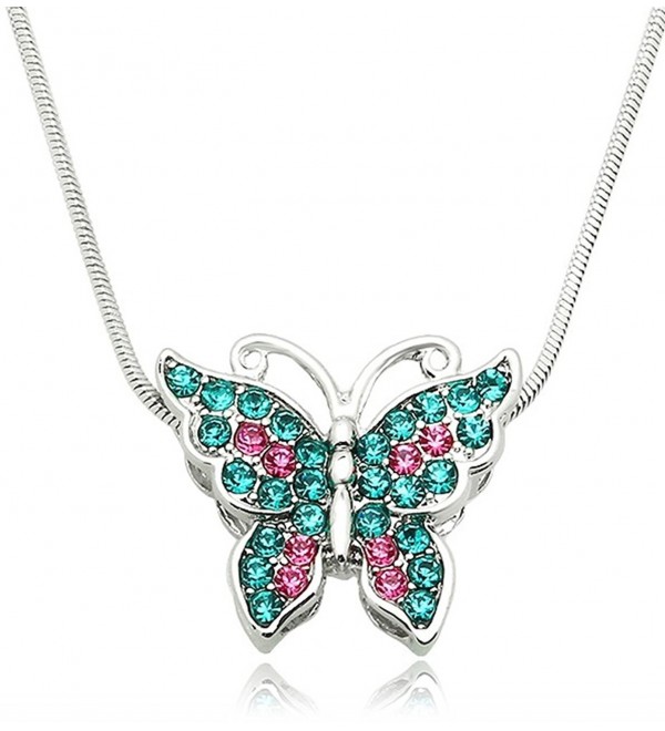 Small Silver Tone Crystal Butterfly Pendant Necklace - Choose Pink- Purple- Teal- or Multicolor - Teal Blue - CX186LKMG2M