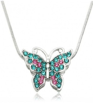 Small Silver Tone Crystal Butterfly Pendant Necklace - Choose Pink- Purple- Teal- or Multicolor - Teal Blue - CX186LKMG2M