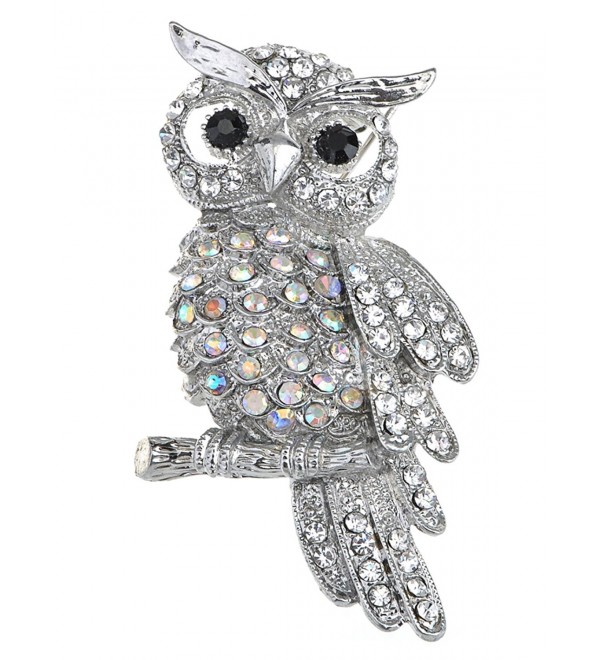 Alilang Crystal Rhinestone Perched Owl Silvery Tone Pin Brooch - CV114V727IX