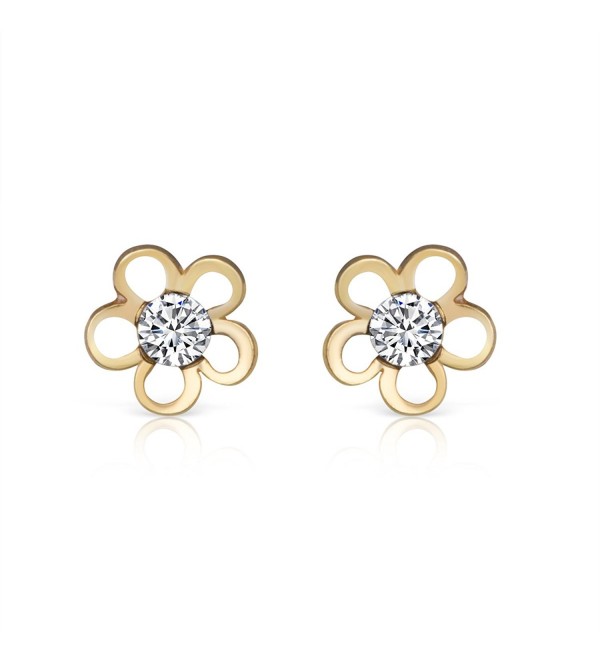 14K Yellow Gold Plated Sterling & Zircon Dainty Flower Stud Earrings Girls Teens Women - CG184ADI4OI