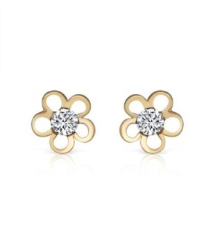 14K Yellow Gold Plated Sterling & Zircon Dainty Flower Stud Earrings Girls Teens Women - CG184ADI4OI