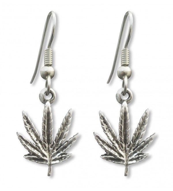 Marijuana Weed Pot Leaf Dangle Earrings Antique Silver Finish Pewter - CA11K5TK8T1