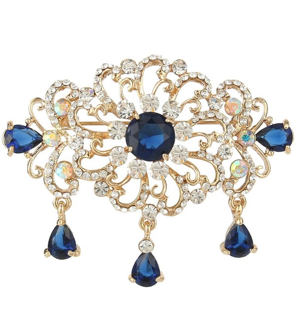 EVER FAITH Women's Austrian Crystal Zircon Art Deco Flower Tear Drop Brooch Gold-Tone - Sapphire-Color - CC11XMQ3Y5T