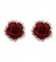 Silver Plated Cubic Zirconia Shining Red Coral Carved Rose Flower Womens Stud Earrings-14MM - CG17YDEERLK