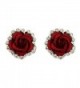 Silver Plated Cubic Zirconia Shining Red Coral Carved Rose Flower Womens Stud Earrings-14MM - CG17YDEERLK
