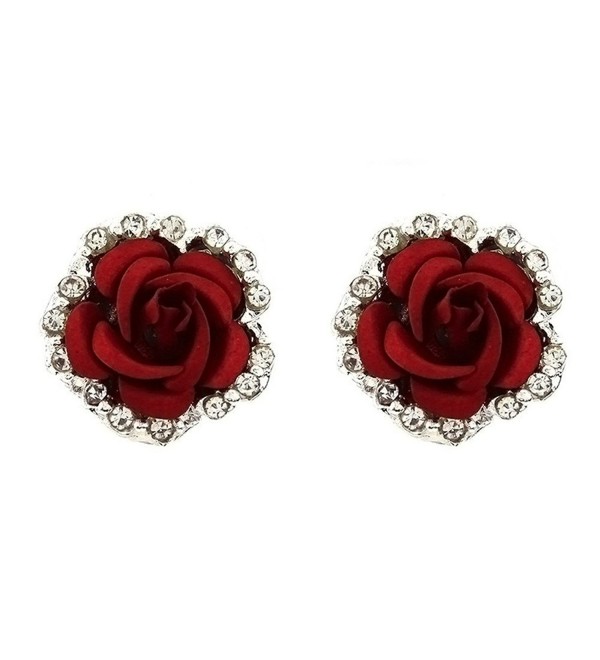 Silver Plated Cubic Zirconia Shining Red Coral Carved Rose Flower Womens Stud Earrings-14MM - CG17YDEERLK