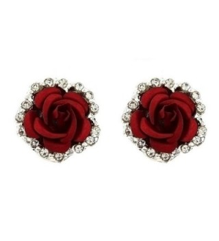 Silver Plated Cubic Zirconia Shining Red Coral Carved Rose Flower Womens Stud Earrings-14MM - CG17YDEERLK