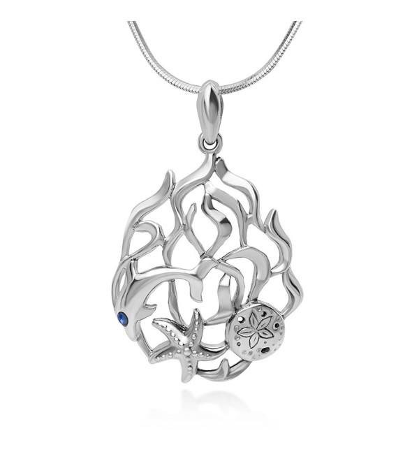 925 Sterling Silver Open Coral Dolphin Fish Sand Dollar Starfish Underwater Pendant Necklace- 18" - CT12BOY80MH