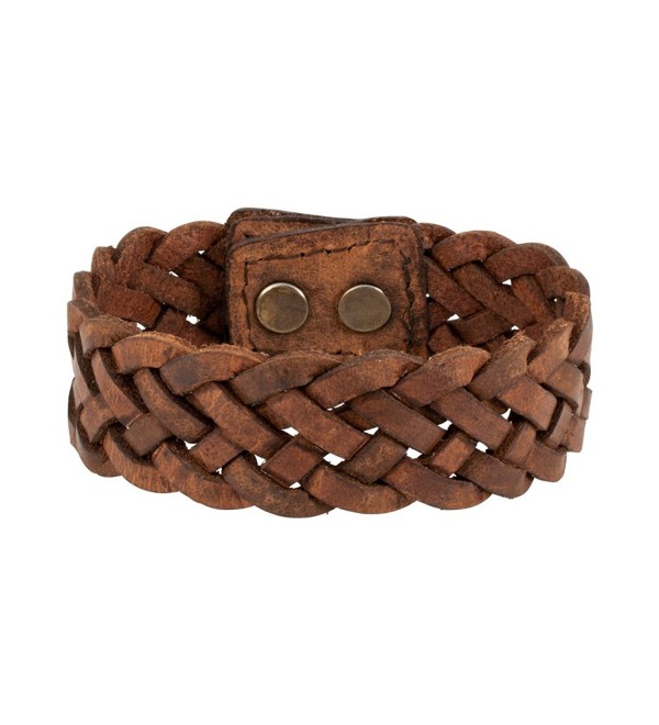 Brown Distressed Vintage Napoli Leather Braided Snap Strap Bracelet- 7 inches - CS12KUDZFQR