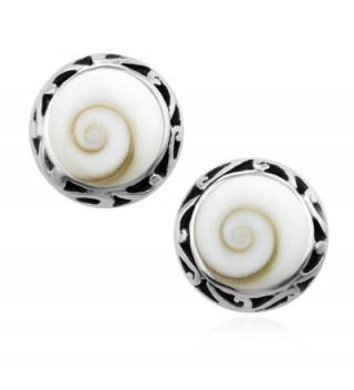 925 Sterling Silver Filigree Shiva Eye Shell Inlay Tribal Design Round Post Stud Earrings 12 mm - CN12DL2C4XV